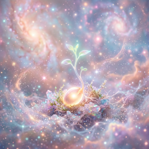 Luminous seed with sprouting leaves surrounded by colorful stars and galaxies