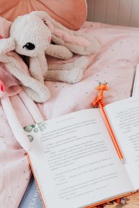 book with a pencil near a pink stuffed toy