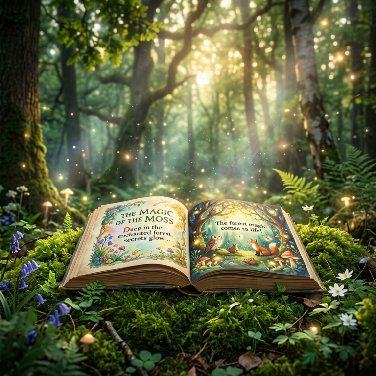 Open storybook on moss with forest animals and glowing light